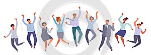 Teamwork success. Happy jumping business people in office clothes in cartoon flat style. Company concept vector