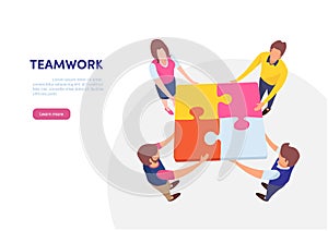 Teamwork successful together concept. Marketing content. Business People Holding the big jigsaw puzzle piece. Flat cartoon.