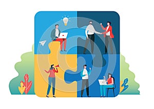 Teamwork successful together concept. Marketing content. Business People Holding the big jigsaw puzzle piece. Flat cartoon
