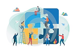 Teamwork successful together concept. Marketing content. Business People Holding the big jigsaw puzzle piece. Flat cartoon