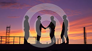 Teamwork Sunset Construction Construction workers sunset teamwork partnership success Symbolizing collaboration