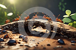 teamwork, team of ants costructing bridge