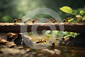 teamwork, team of ants costructing bridge