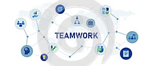 Teamwork team work concept of collaboration in corporation company icon set illustration header interconnected network