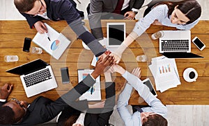 Teamwork and teambuilding concept in office, people connect hand