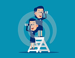 Teamwork and telescope. Stage of work concept. Vector style