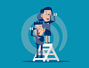 Teamwork and telescope. Stage of work concept. Vector style