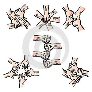 Teamwork unity hands doodle set