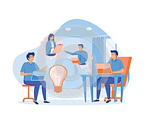 Teamwork of users connected by cloud computing and light bulb.