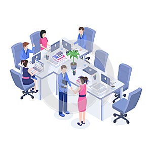 Teamwork vector color isometric illustration. Office workers, boss and employees at workplace 3d cartoon characters