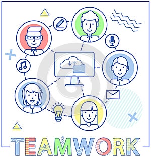 Teamwork via Internet meeting. Worldwide connection, global system community for online users