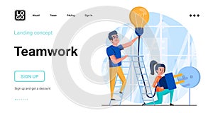 Teamwork web concept. Employees work together