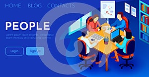 Teamwork website banner template. Business team working with data. Group of office colleagues discussing data around table.