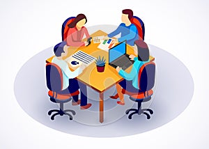 Teamwork website banner template. Business team working with data. Group of office colleagues discussing data around table.