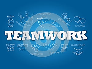 Teamwork word on light blue background. Vector illustration