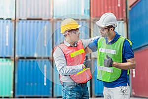 Teamwork of worker working good thumbs up together Happy smiling in Logistic segment container loading area cargo port