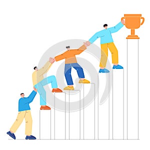 Teamwork working together achieve trophy help other climb step stair bar graph chart
