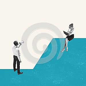 Teamwork. Young man and woman, clerks in business clothes sitting on abstract background.