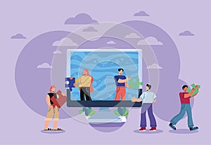 teamworkers with puzzle in desktop