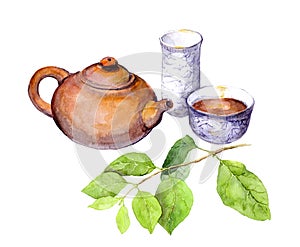 Teaparty: chinese teapot, tea cup and green leaves. Watercolor photo