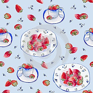 Teaparty with watercolor strawberrys and vintage mugs on light blue photo