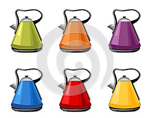 Modern , bright green, orange, purple, blue, red, yellow Kettles, electric teapots isolated cartoon flat set icons. For kitchen