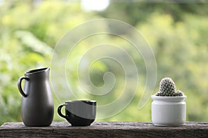 Teapot and black cup with cacti in white pot