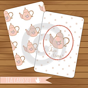 Teapot cards events, tea party, vector on wood
