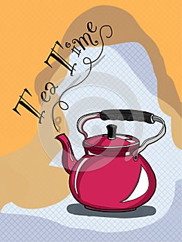 Teapot cartoon illustration and tea time text background photo