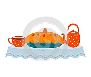 Teapot, cup and autumn pumpkin pie. vector illustration isolated