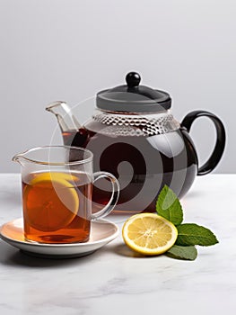 Teapot and cup of black tea with slice of lemon.