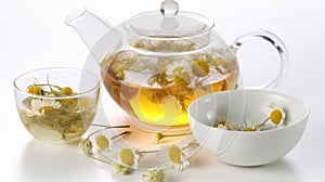 Teapot and cup with chamomile tea