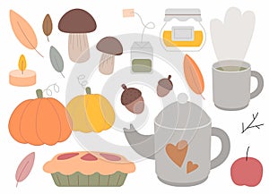 Teapot and cup, forest leaves and mushrooms, pie and pumpkins. Autumn mood clipart. Set of vector illustrations for Thanksgiving