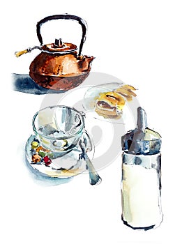 Teapot and cup. Sketch in little cafe. Watercolor hand painted illustration.