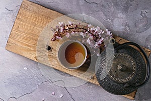 Teapot and cup of tea with blossom branch