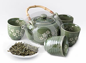 Teapot with Cups and Green Tea