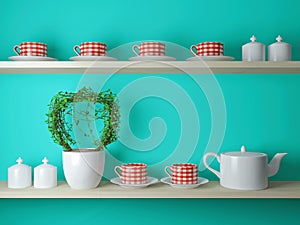 Teapot and cups on the shelf