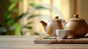 Teapot and cups on table with bamboo leaves. Generative Ai