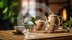 Teapot and cups on table with bamboo leaves. Generative Ai