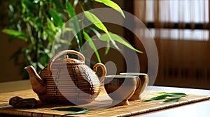 Teapot and cups on table with bamboo leaves. Generative Ai