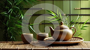 Teapot and cups on table with bamboo leaves. Generative Ai