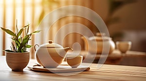 Teapot and cups on table with bamboo leaves. Generative Ai