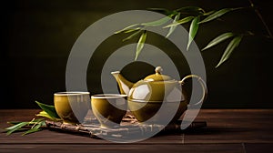 Teapot and cups on table with bamboo leaves. Generative Ai