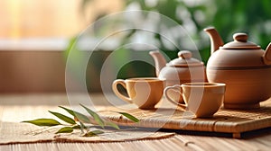 Teapot and cups on table with bamboo leaves. Generative Ai