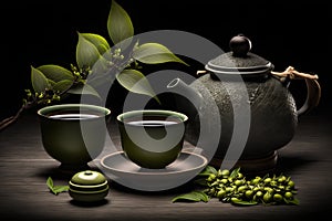 Teapot and cups of tea with green tea leaves on black background