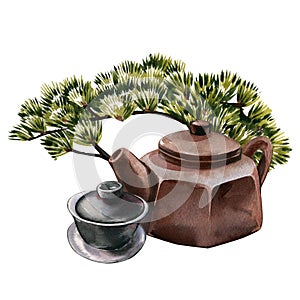 Teapot, empty black bowl, bonsai tree isolated on white background. Watercolor hand drawn illustration. Art for design