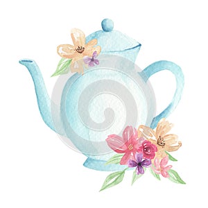 Teapot Flowers Watercolor Pastel Blue Foliage Afternoon Tea Floral Arrangement