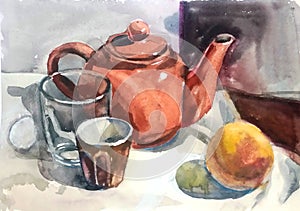 Teapot, glass and juicy peach