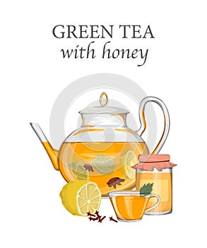 Teapot with green tea, lemon and honey.