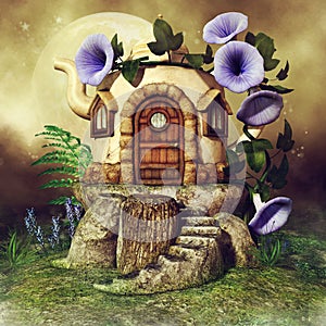 Teapot house with purple flowers